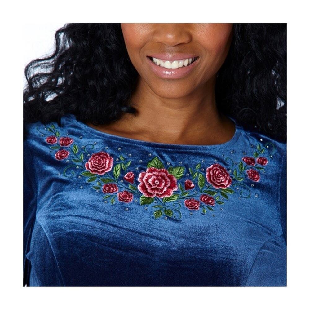 Quaker Factory Teal Blue Green Long Sleeve Velvet Embroidered Bling Dress 1XL - Picture 8 of 8